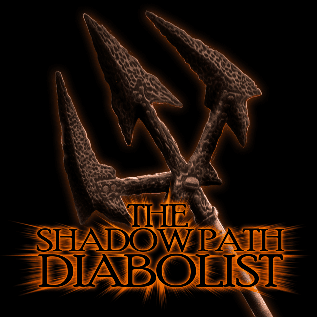 The Shadow Path Diabolist Podcast Logo-wooden Trident with podcast title across it.